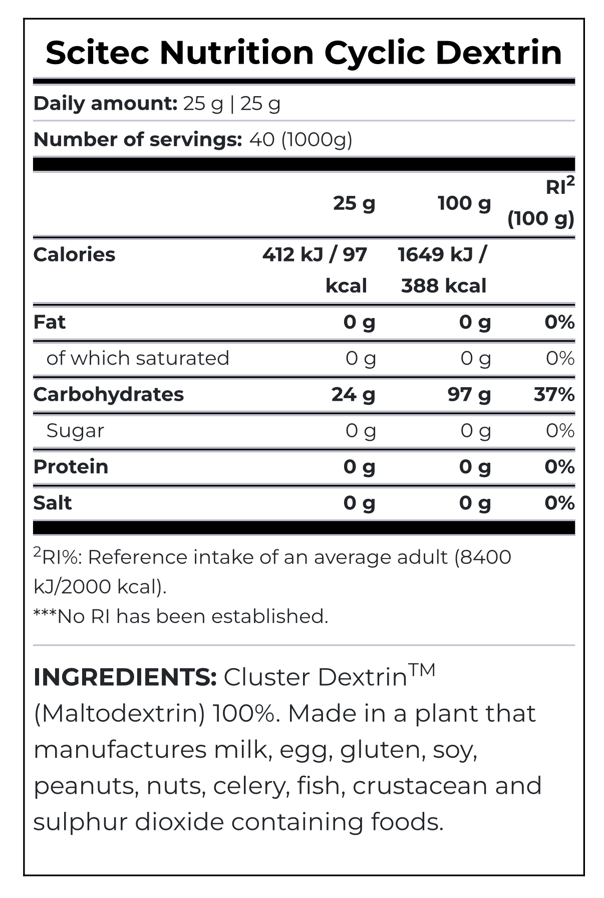 Scitec Nutrition - Cyclic Dextrin Supplement Facts